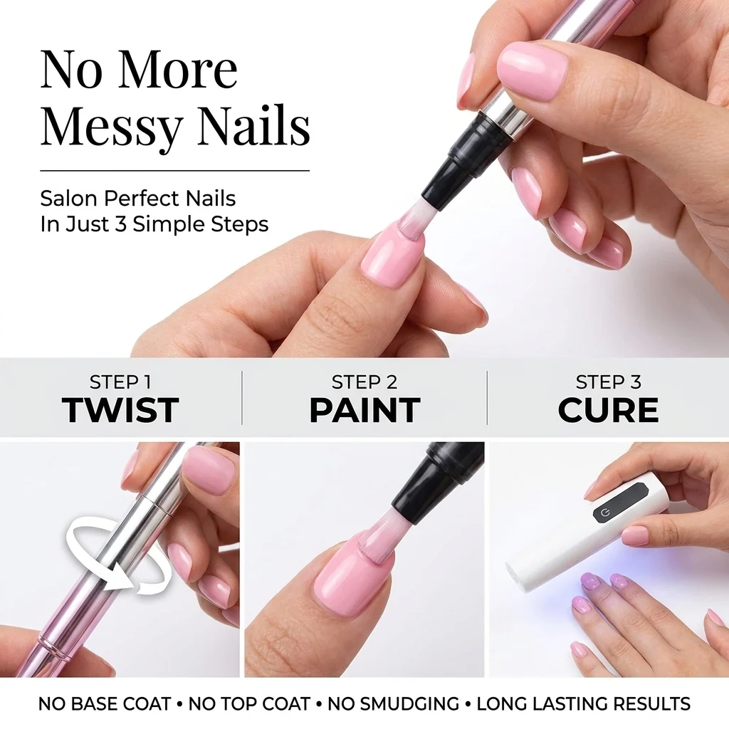 Twist, paint and cure the GleamPen gel nail pen